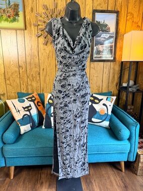 Elegant Black and Gray Lace Maxi Dress with Cowl Neck